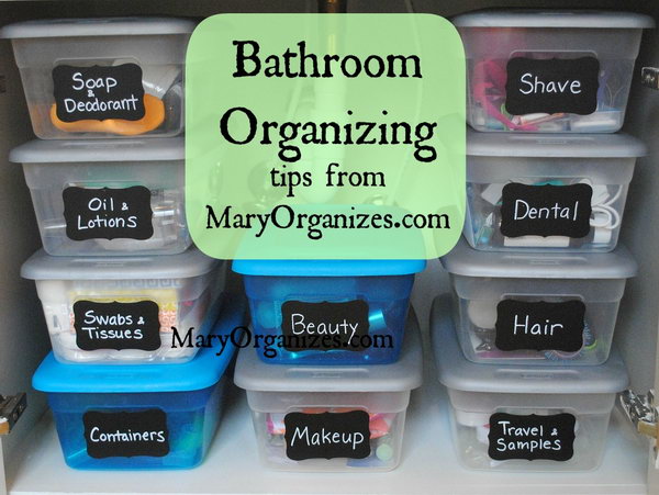 Keep The Undersink Area Organized With These Labeled Plastic Shoe Boxes 