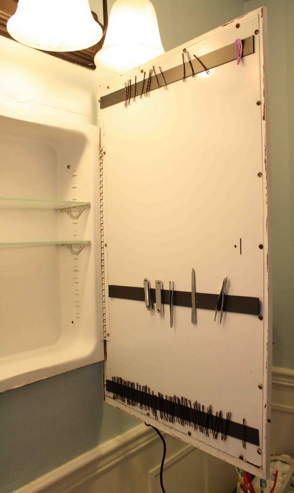 Organize Your Bobby Pins With The Magnetic Strip Over The Cabinet Door 