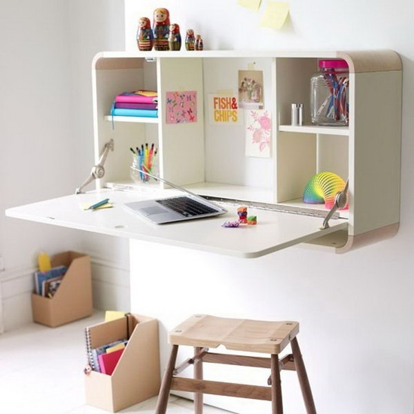A Wall Mounted Desk Combining A Storage And Work Area 