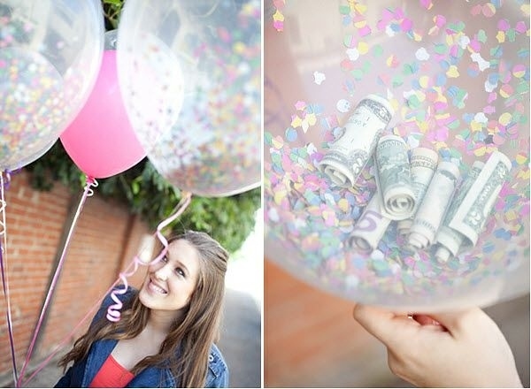 Money Balloons. Put Confetti, candy, and money inside balloons and tie them together with a big bow! Looks super cute and is better than just given money. 