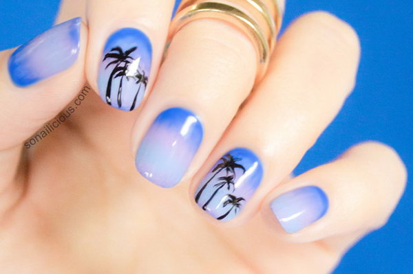 Dusk Beach with Palm Trees Nail Art. If you'd like to learn how to do this look, check out the tutorial 