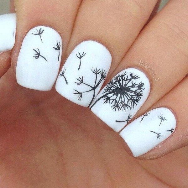 Black and White Dandelion Nail Art Designs. 