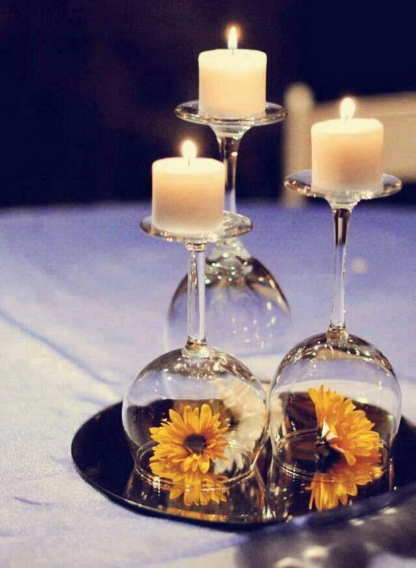 Wine Glasses Used as Candle Holders. 