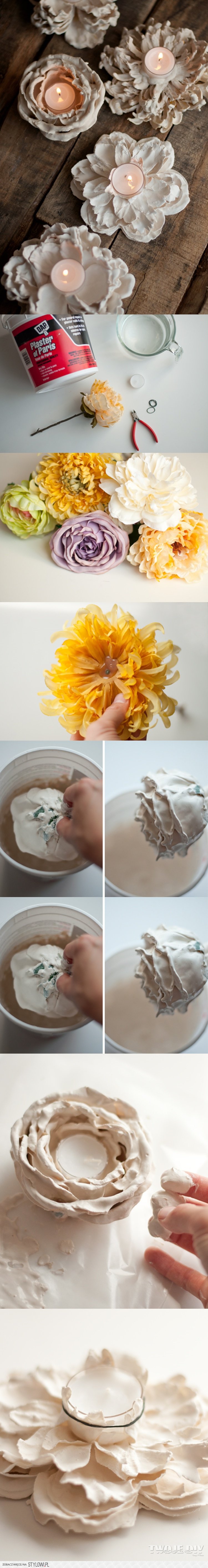 DIY Romantic Plaster Dipped Flower Votives. I can't believe how easy it is to make these beautiful flower votives at home. Tutorial via 