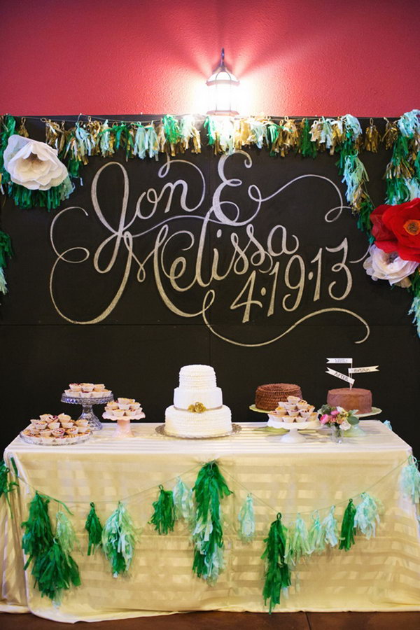 Dessert Table Backdrop with Dramatic Chalkboard Lettering. 