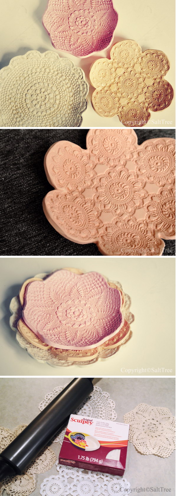 DIY Doily Pressed Clay Bowls. Get the tutorial 