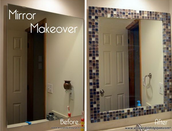 Update old boring bathroom mirror with some glass tile 