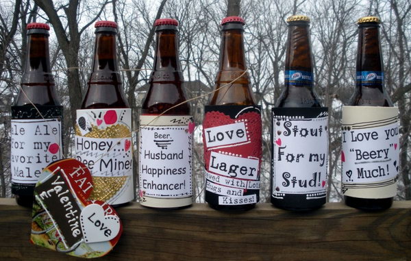 Beer bottles attached with custom love labels 