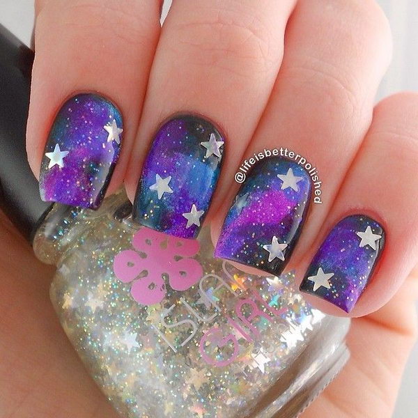 Black and Purple Galaxy Star Nails. 