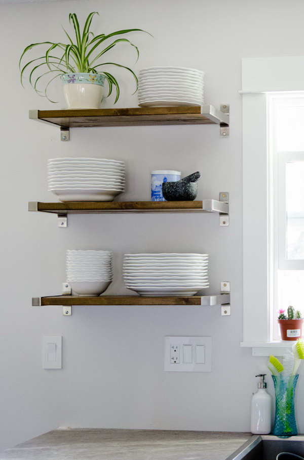 Open Kitchen Shelving With  Brackets from IKEA and the Perfect Piece of Wood. Check out the tutorial 