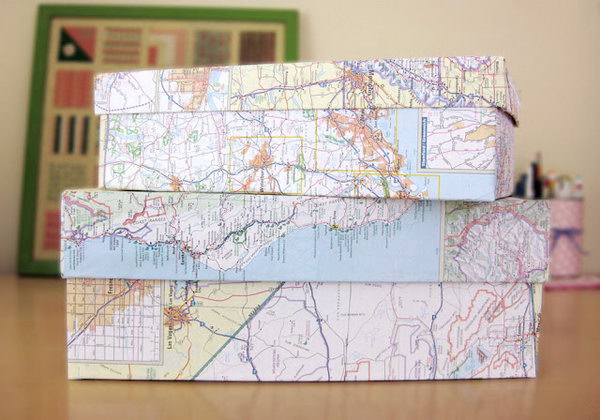 Store Your Crafts with These DIY Map Covered Shoe Boxes 