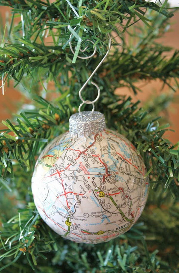 Decoupaged Ball Ornament Using Old Maps 
