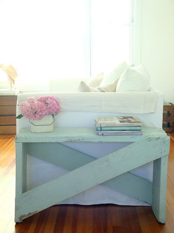 DIY Pale Aqua End Table Made out of 5 Boards. 