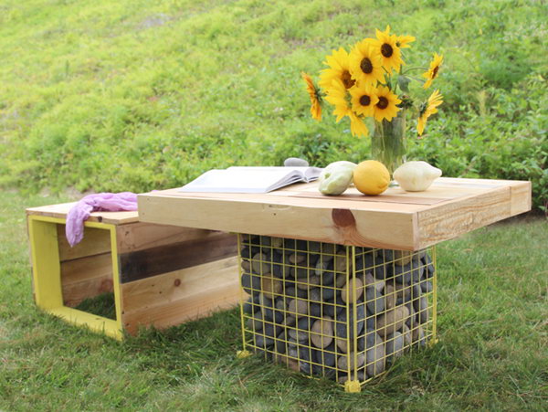 DIY Pallet Wood Bench and Gabion Table. See the tutorial 