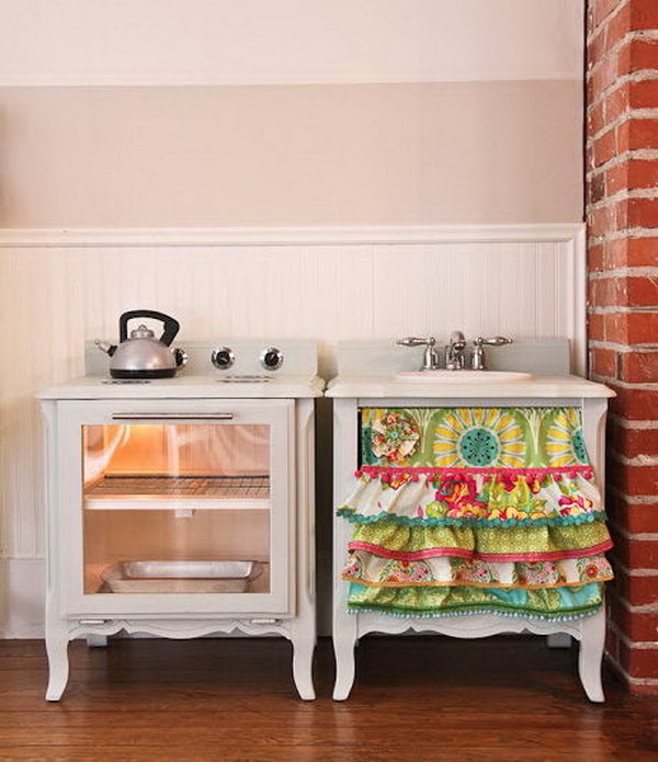 Play Kitchen Set Out of a Pair of Nightstand.  Check out the steps 