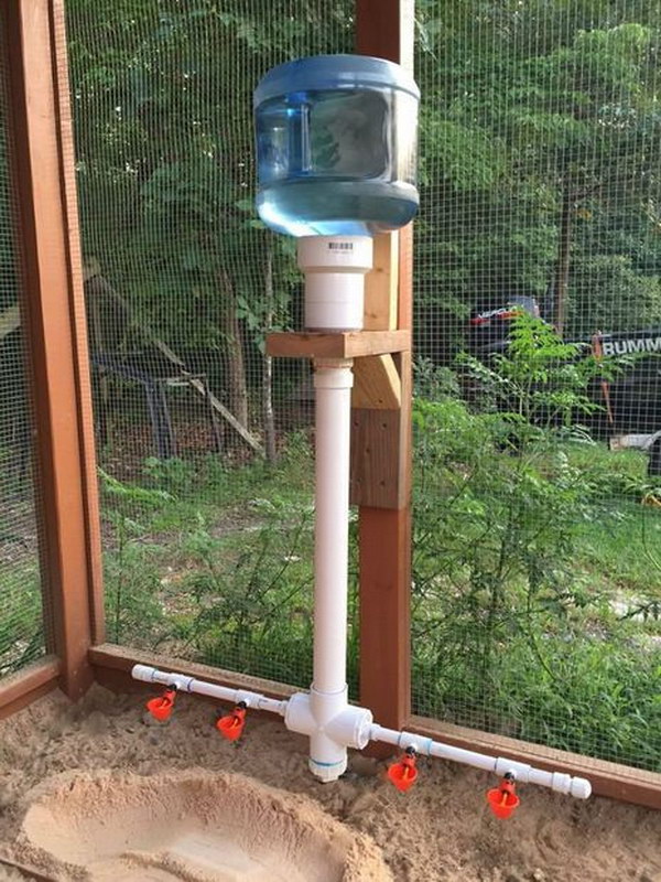 PVC Chicken Waterer. What an easy way to keep your flock watered and not have a mess with overturned water containers! 