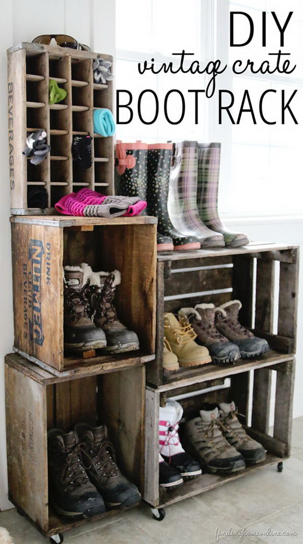 Vintage Crate Boot Rack. 