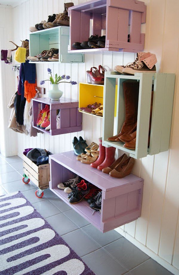 Wine Crates Shoe Racks on the Wall. 