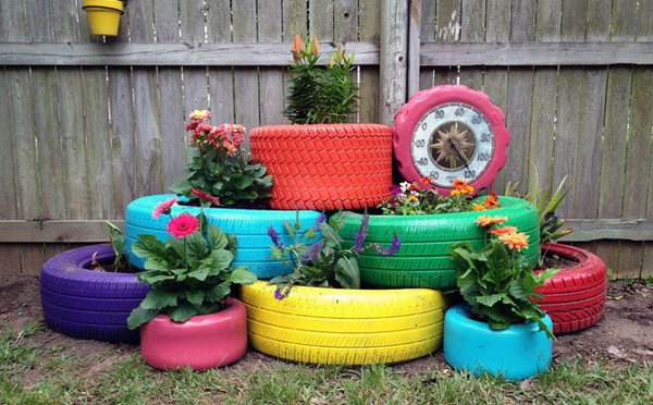 Painted Tire Planters. 