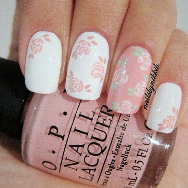 Pink and White Floral Nail Art. 