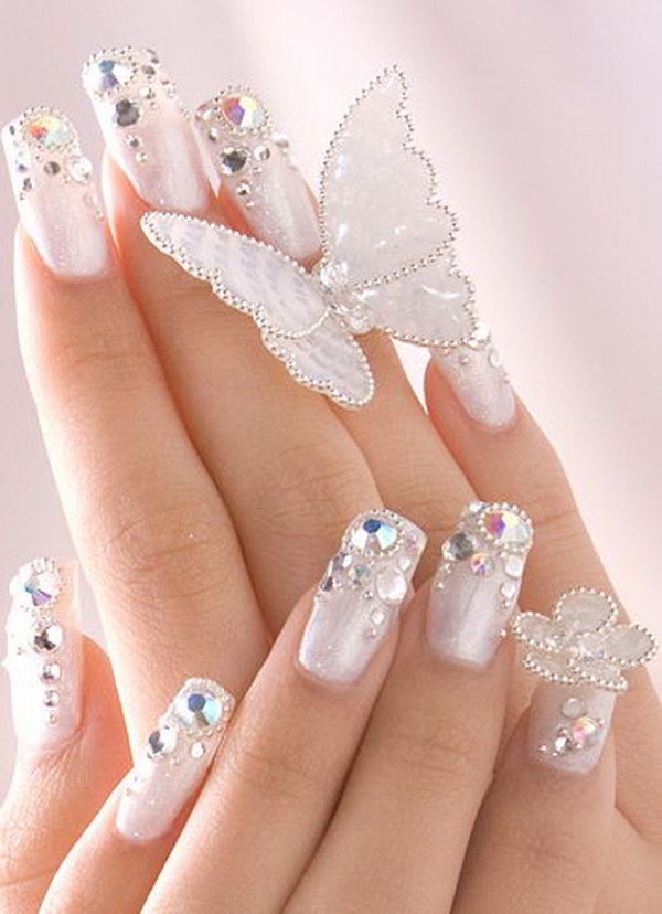 Romantic Wedding Nail Design with Gems. 