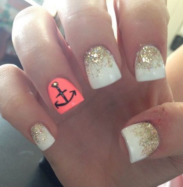 White & Gold with an Anchor Nails. 