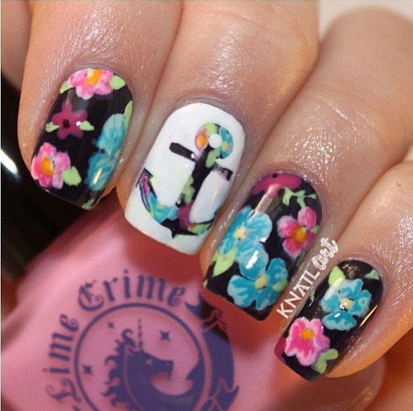 Floral Anchor Manicure Design. 