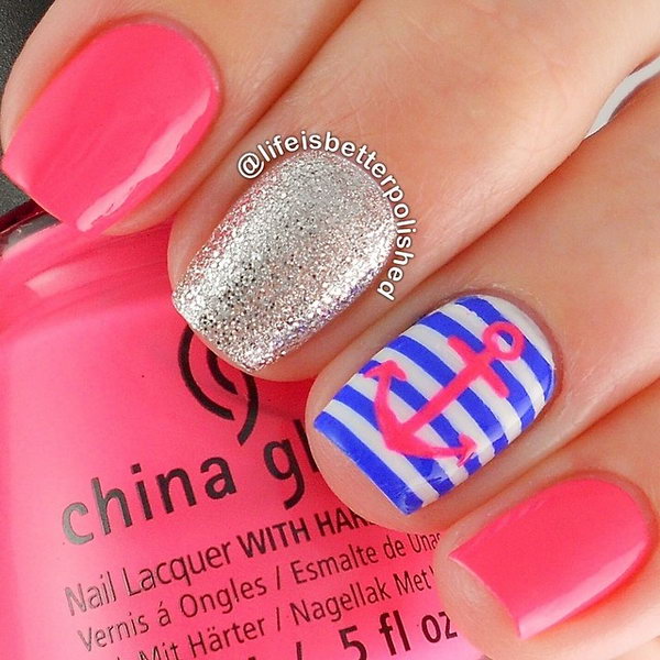 Hot Pink Anchor Nails with Nautical Background. 