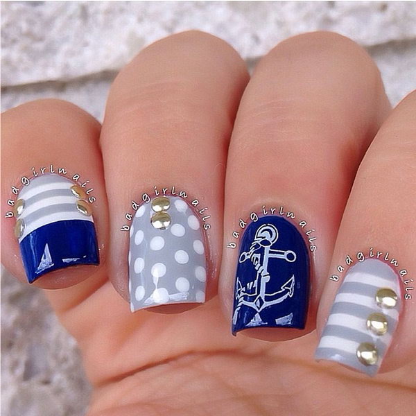 Anchor and Gold Studs Manicure. 