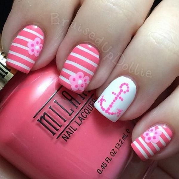 Charming Pink and White Anchor Manicure Design. 