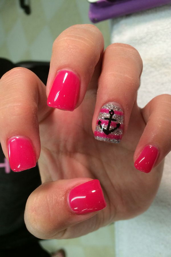 Hot Pink and Glitter Anchor Nails. 