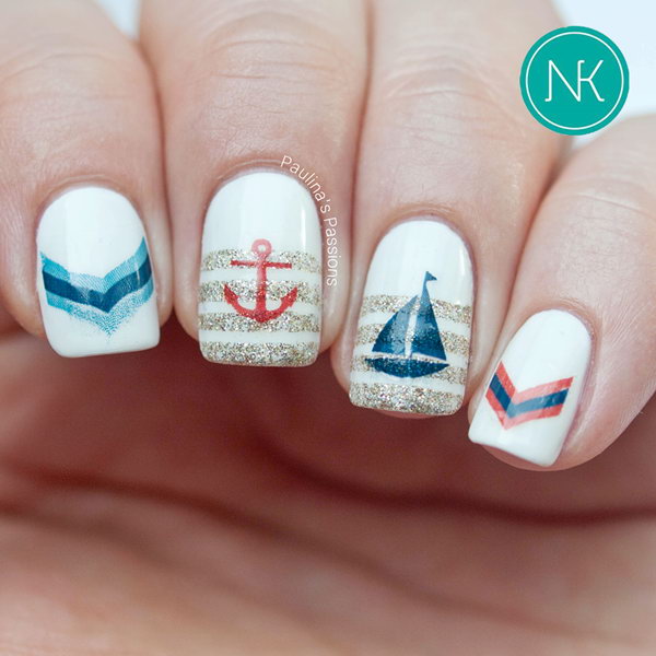 Anchor and Sailboat Nautical Nail Design. Get the tutorial 