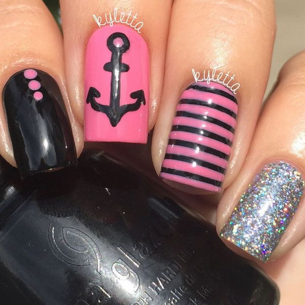 Pink and Black Nautical Nails With Silver Glitter and Anchor. 