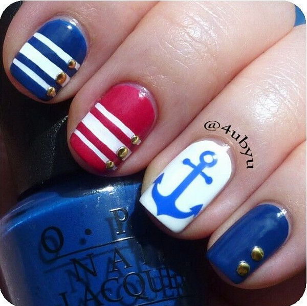 Navy Blue and Red Nautical Nails With Anchor. 