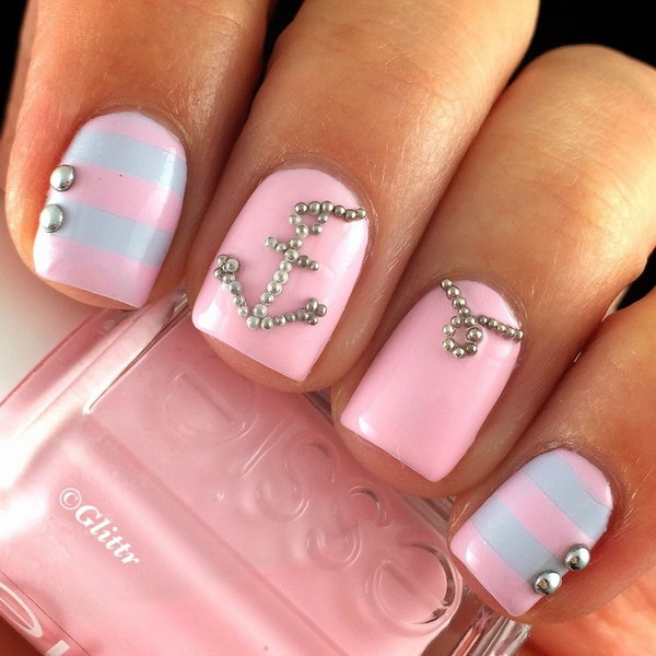 Pastel Pink and Blue Nautical Nails with Anchor Studded. 