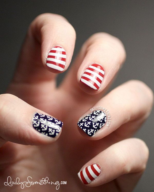 Patriotic Anchors and Stripes Short Nails. 