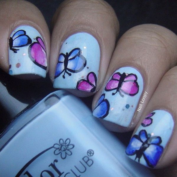 Super Cute White Nails with Little Pink and Purple Butterflies. 