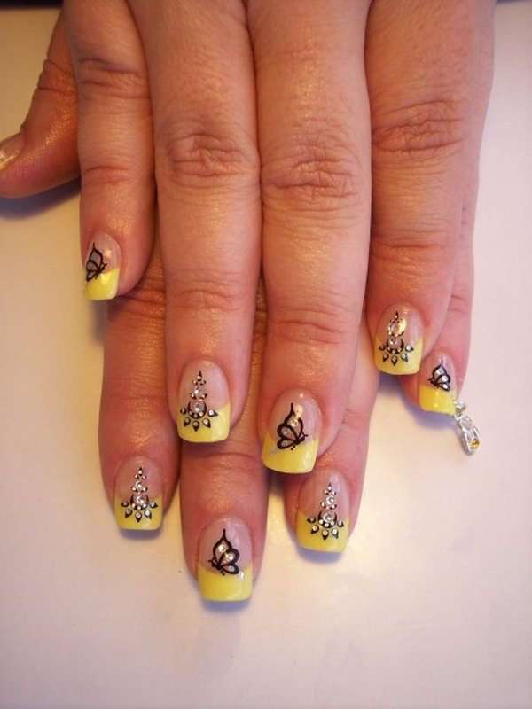 Butterflies Nail Art Design in Yellow Theme. 