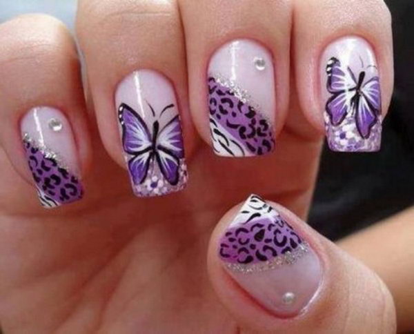 Purple Butterflt and Cheetah Nail Designs. 