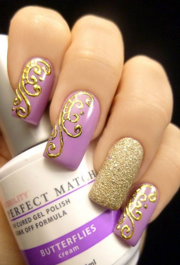 Gold and Purple Butterfly Nail Design . 