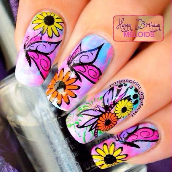 Bright Color Butterfly and Flower Nail Art Design. 