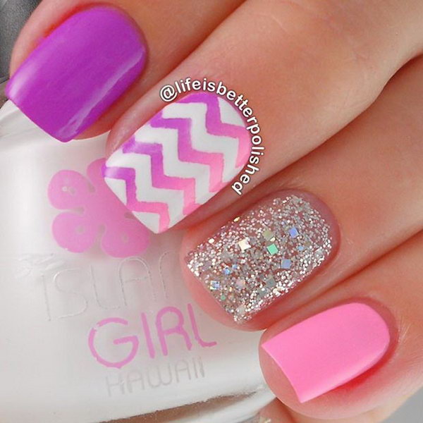 Ombre Pink Chevron Nail with Glitters. 