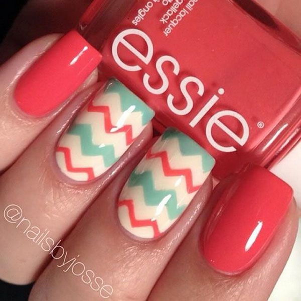 Red and Mint Chevron Nails. 