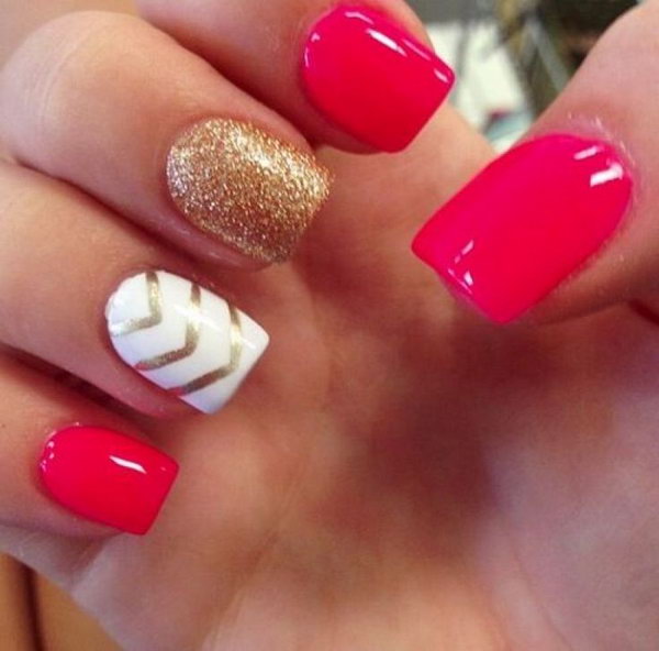 Red, White, and Gold Glitter with Chevron Nail Art Design. 