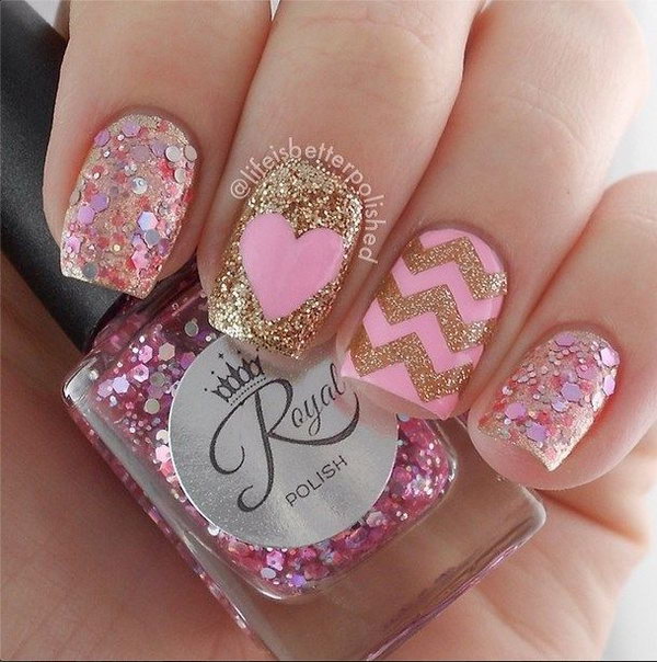 Glitter Chevron Nails Accented with Cute Heart. 