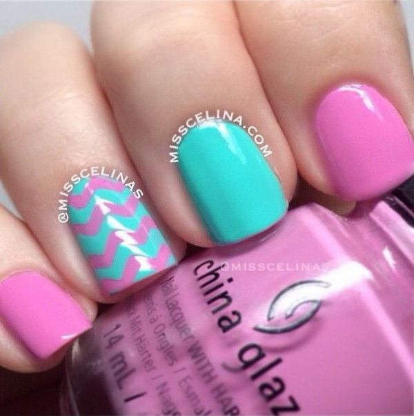 Mint and Pink Pastel Chevron Nails. 