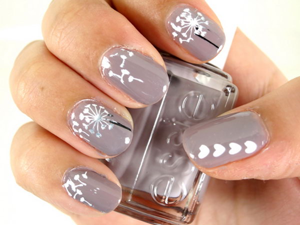 Brown Base Dandelion Flower Nail Art. 