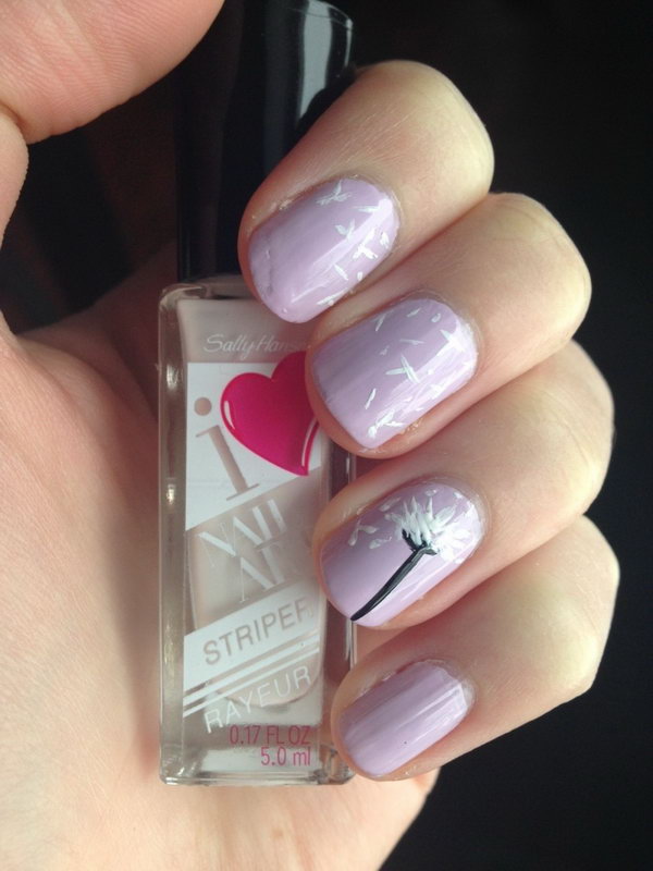 Purple Base Dandelion In Wind Nail Design. 