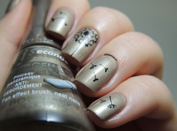 Cream Shimmer Black Danelion Nail Art Design. 