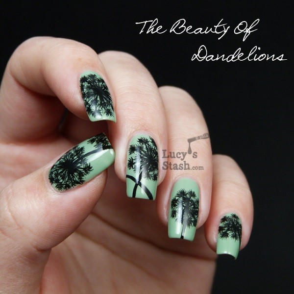 Turquoise Base Blowing Dandelion Flower Nail Art. 